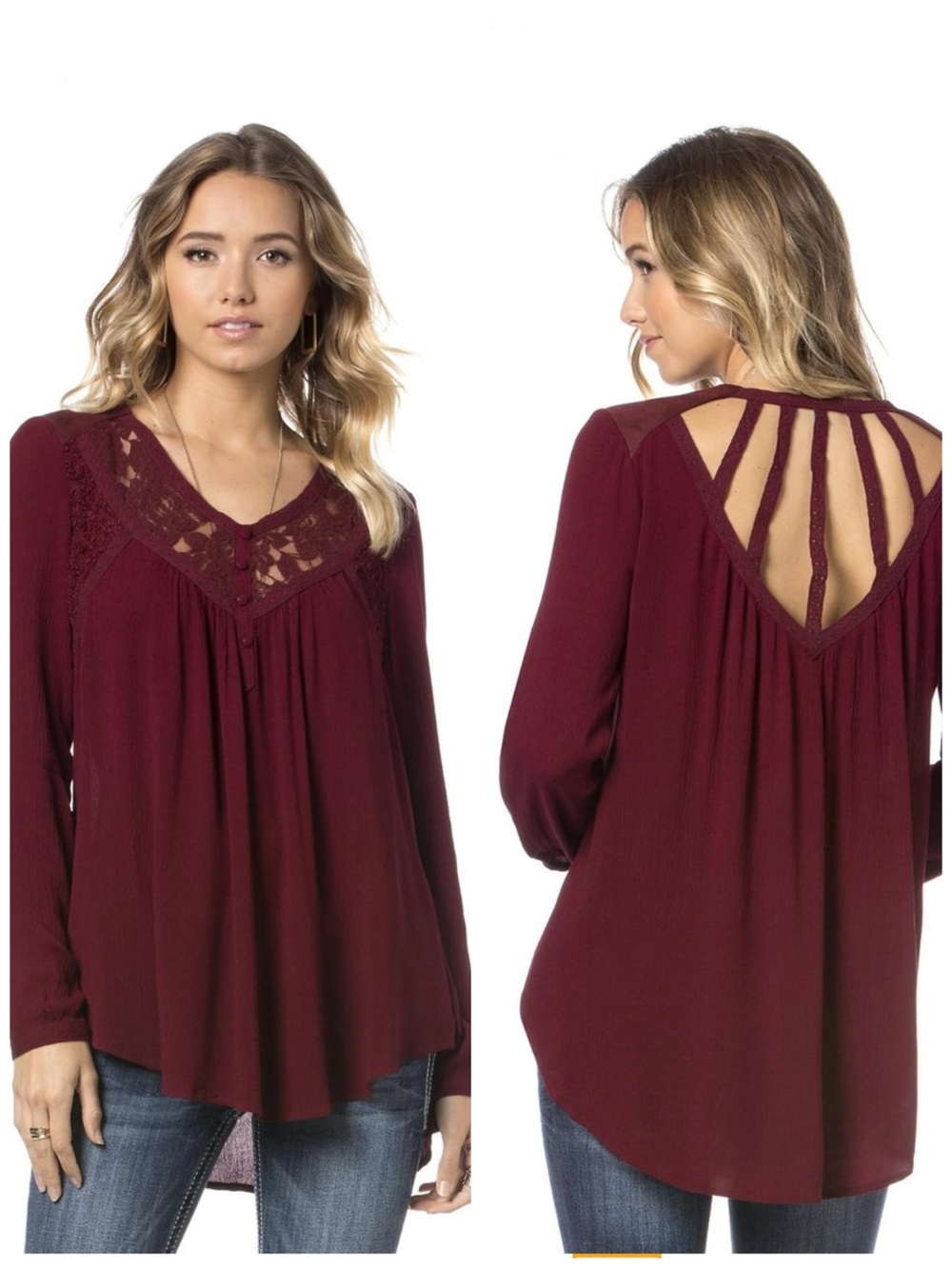 Women's Lace-Yoke Long Sleeve Top in Burgundy/Maroon Size Small, Miss Me